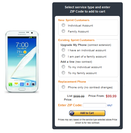 Get the Sprint version of the Samsung GALAXY Note II for $99.99 on Amazon - Amazon has the Sprint version of the Samsung GALAXY Note II for $99.99