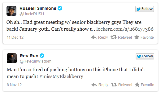 Tweets from mogul Russell Simmons and his famous brother - RIM CMO says 70,000 apps will be available at BlackBerry 10 launch
