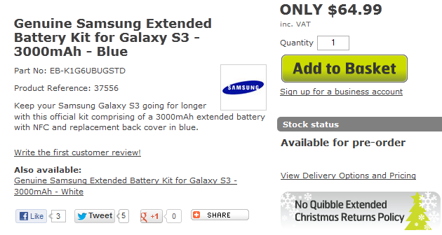 You can pre-order an extended cell for your Samsung Galaxy S III in the U.K. - Pre-order a Samsung extended 3000mAh battery for the Samsung Galaxy S III in the U.K.