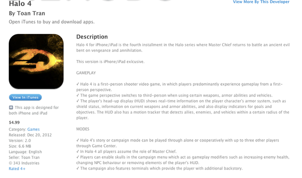 The phoney listing - Apple allows two fake Halo 4 apps to be sold in the App Store