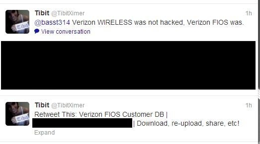  Pair of tweets sent by the hacker - Verizon denies that a hacker leaked data from 300,000 customers