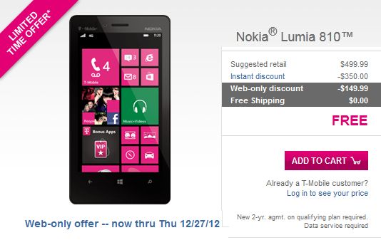 The Nokia Lumia 810 is free on contract from T-Mobile - Nokia Lumia 810 now free on T-Mobile&#039;s website with signed 2-year pact