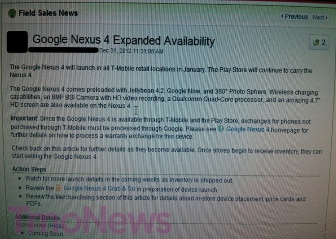 T-Mobile to get new Nexus 4 stock this month