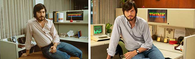 Steve Jobs (L) and Ashton Kutcher (R) - Ashton Kutcher flick jOBS coming to a theater near you in April