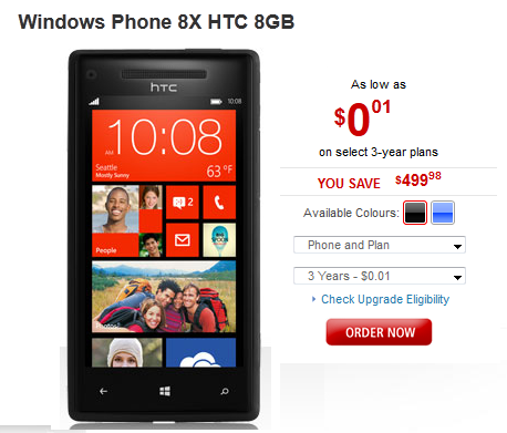 Buy the HTC Windows Phone 8X for just 1 cent - 8GB variant of HTC Windows Phone 8X just one thin cent at Rogers