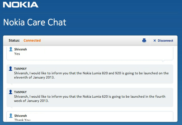 Live Chat for Nokia Care says the Nokia Lumia 920 and Nokia Lumia 820 will launch in India this coming Friday - Nokia Lumia 920 and Nokia Lumia 820 tipped to launch in India on January 11th