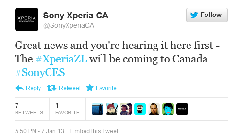 The Sony Xperia ZL is coming to Canada - Sony Xperia ZL is Canada bound says tweet from Sony Canada