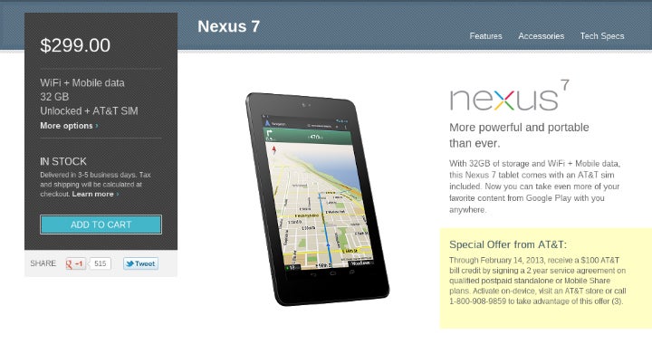AT&T to credit $100 on each Nexus 7 with data plan till Valentine's Day, 'cause it loves you