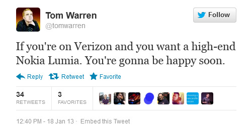 This tweet hints at a Nokia Lumia 920 variant for Verizon - Tweet says high end Nokia Lumia model coming to Verizon