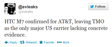 This tweet says T-Mobile is not getting the HTC M7 - HTC M7 coming to Verizon, Sprint and AT&amp;T?
