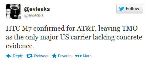 This tweet says T-Mobile is not getting the HTC M7 - HTC M7 coming to Verizon, Sprint and AT&T?