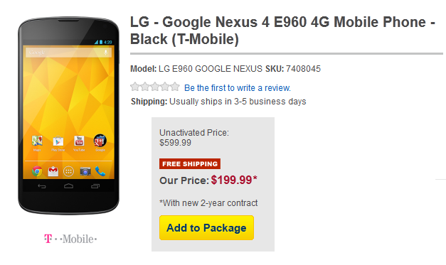 Best Buy will sell you the Google Nexus 4 on contract for $199.99 - Best Buy has Google Nexus 4 in stock for online purchase (Wirefly now has $149.99 deal)