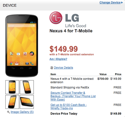 Wirefly has the Google Nexus 4 on contract for $149.99 - Best Buy has Google Nexus 4 in stock for online purchase (Wirefly now has $149.99 deal)