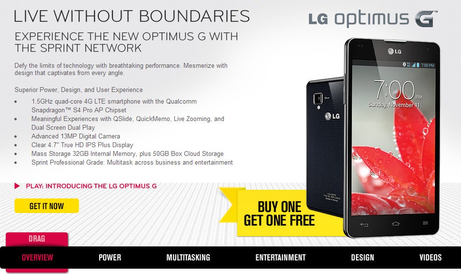Sprint is offering the LG Optimus G on a buy one get one free deal - Sprint launches LG Optimus G buy one get one free deal, Amazon has it on sale for $50