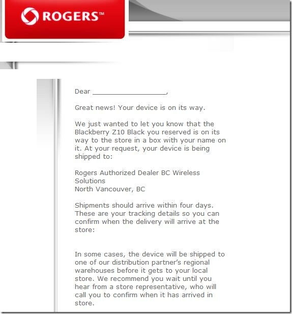 Rogers is shipping the BlackBerry Z10 to its stores - Rogers sends out BlackBerry Z10 shipping notifications