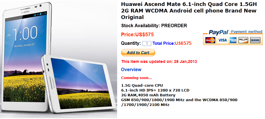 Pre-order the Huawei Ascend Mate for $575 USD - 6.1 inch Huawei Ascend Mate can now be pre-ordered for $575 USD