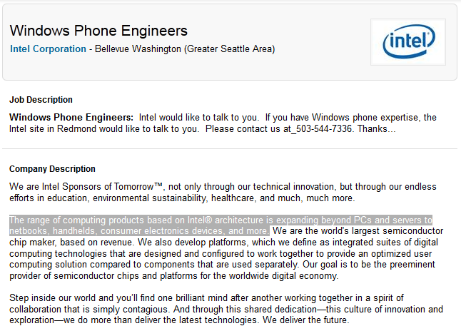 Intel seeks Windows Phone Engineers - Intel might produce an x86 Windows Phone as company seeks engineers familiar with the platform