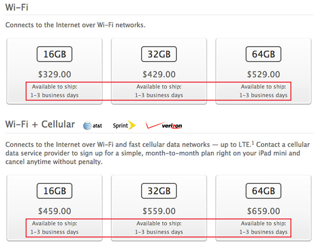 The Apple iPad mini now ships in 1 to 3 business days - Apple&#039;s online store will now ship the Apple iPad mini in 1 to 3 days