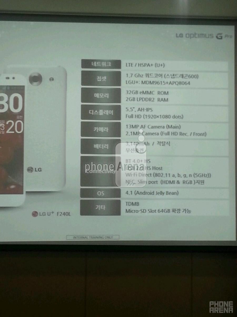 5.5&quot; LG Optimus G Pro picture and specs sheet are in: Full HD screen, 3140 mAh battery and microSD