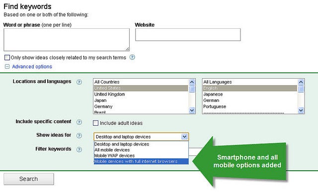 Setting up a keyword with an option for mobile use - Google AdWords will soon send targeted ads to smartphones and tablets