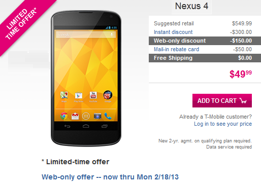 The Google Nexus 4 is on sale for $49.99 online, from T-Mobile - T-Mobile running out of stock after $49.99 sale for the Google Nexus 4