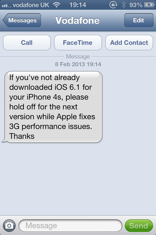 Vodafone recommends that its customers with the Apple iPhone 4S not update yet to iOS 6.1 - Vodafone warns its Apple iPhone 4S customers not to update to iOS 6.1