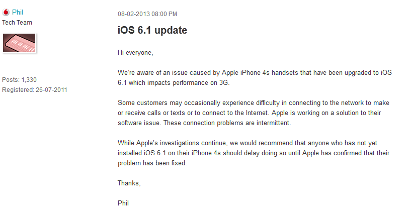 Vodafone is trying to alert its customers before they install iOS 6.1 on their Apple iPhone 4S - Vodafone warns its Apple iPhone 4S customers not to update to iOS 6.1