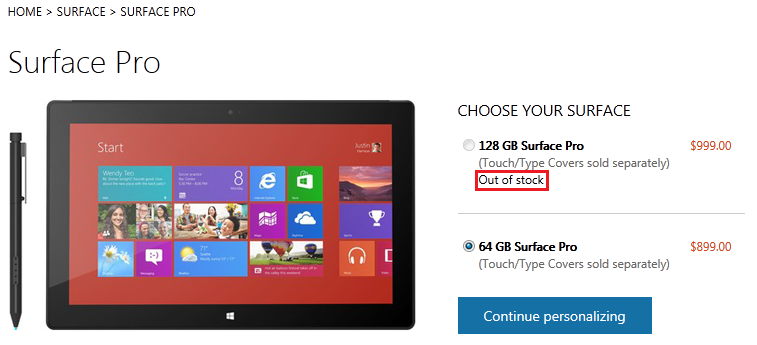 The Microsoft Surface Pro is sold out at Microsoft&#039;s U.S. online store - 128GB Microsoft Surface Pro sells out at Microsoft&#039;s U.S. online store