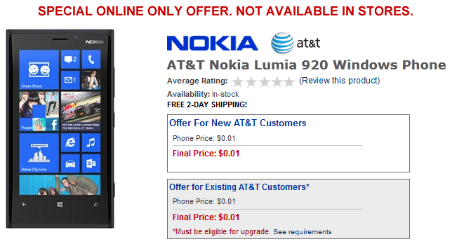 Buy the Nokia Lumia 920 for just one thin cent - Nokia Lumia 920 available for 1 cent online with free shipping