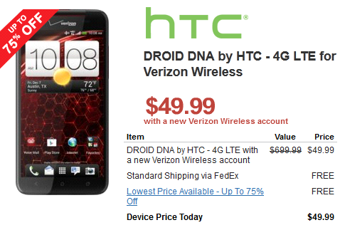 The HTC DROID DNA is $49.99 for next two year accounts at Verizon - HTC DROID DNA just $49.99 at Wirefly for new Verizon customers, $99.99 for upgrades