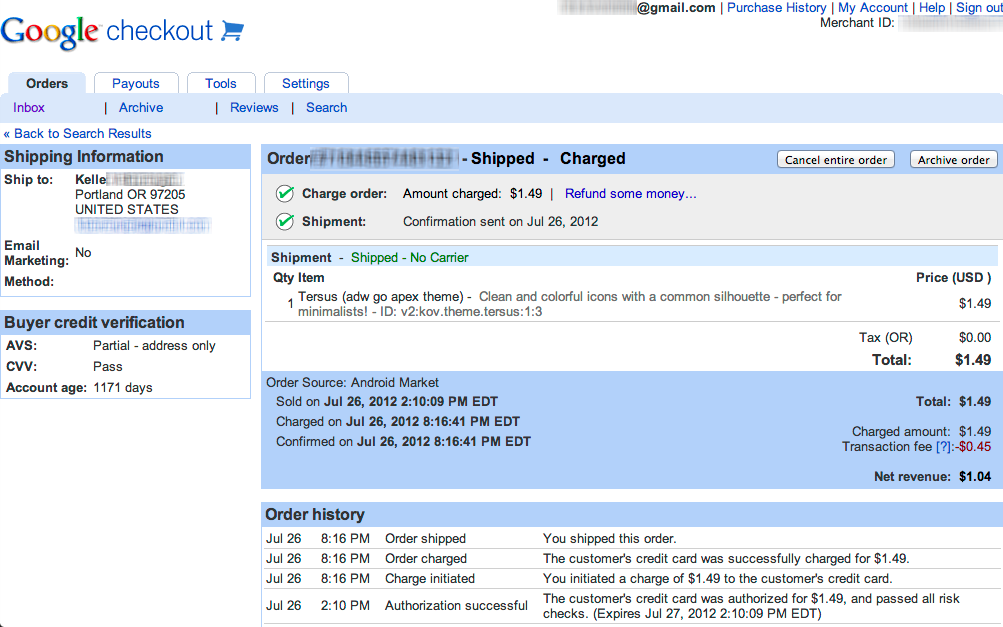 This is the order detail page for an app purchase. Image from DroidLife - Google Play hands your personal info to each developer with every app purchase