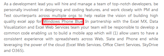 Microsoft mentions Windows Phone Blue in a job listing - Window Phone Blue update leaked from job posting