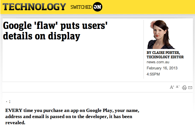 The changed headline after pressure from Google - Google asked the media to play down Google Play &quot;flaw&quot;