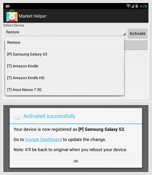 Market Helper can change your Android smartphone or tablet&#039;s identity - Incompatible Android apps? You can download them with Market Helper