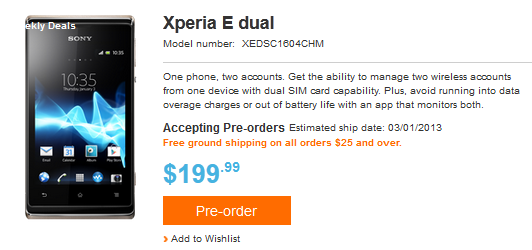 Sony is taking pre-orders on the Sony Xperia E dual - Sony accepting pre-orders on Sony Xperia E dual, unlocked in U.S. for $199.99