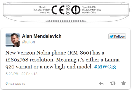 On top, image from the FCC, Mendelevich&#039;s tweet on bottom - New high-end Nokia Lumia phone for Verizon winds up at the FCC