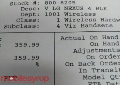 A leaked document shows a $359.99 price for the Google Nexus 4 for The Source - Virgin Mobile version of the Google Nexus 4 priced at $359.99 by The Source?