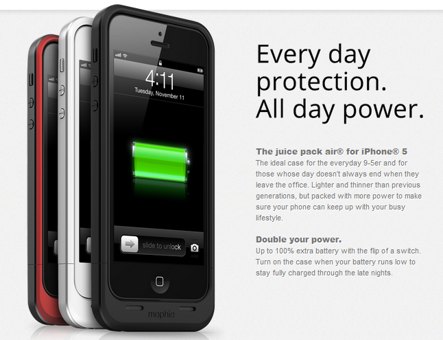 The Mophie Juice Pack Air doubles the battery life on your Apple iPhone 5 - Mophie Juice Pack Air introduced for the Apple iPhone 5; case doubles the phone&#039;s battery life