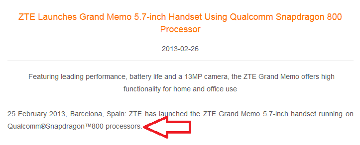 ZTE continues to tout the Snapdragon 800 for the Grand Memo - Qualcomm: ZTE Grand Memo has Qualcomm Snapdragon 600 under the hood, not an 800