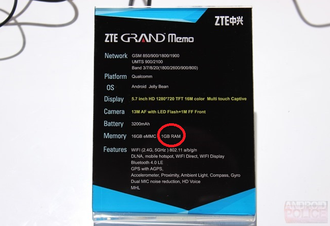 ZTE&#039;s own spec sheet shows an unnumbered Qualcomm processor and 1GB of RAM - Qualcomm: ZTE Grand Memo has Qualcomm Snapdragon 600 under the hood, not an 800