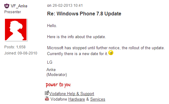 Microsoft has halted the rollout of Windows Phone 7.8? - Vodafone says rollout of Windows Phone 7.8 has been stopped