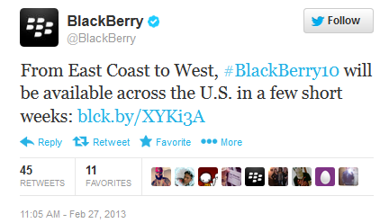 BlackBerry says that the Z10 is coming to the U.S. - Tweet says BlackBerry Z10 will blanket the U.S. in a &quot;few short weeks&quot;