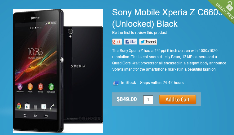 U.S. buyers can purchase the phone for $849, unlocked - Sony Xperia Z available in the U.K.; phone offered to U.S. buyers for $849