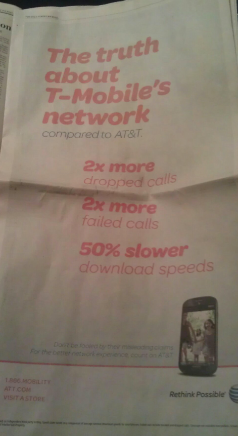 AT&T's revenge - AT&T responds to Legere's "crap" comment with full-page ads attacking T-Mobile's network