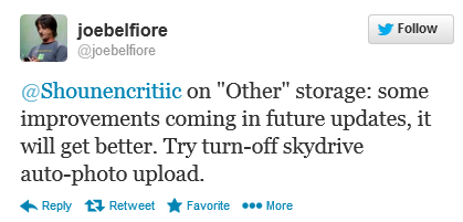 Belfiore&#039;s tweet says a fix is coming - Microsoft says fix for &quot;other&quot; storage issue will come, offers a solution