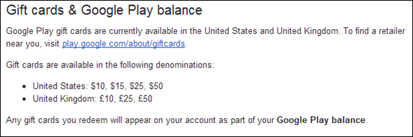 Support page reveals information on U.K. Google Play gift cards - Support page shows Google Play gift cards are U.K. bound
