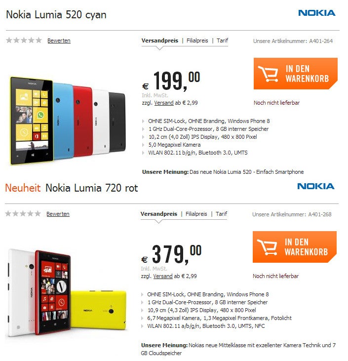 Nokia Lumia 720 and Lumia 520 get a price tag in Germany