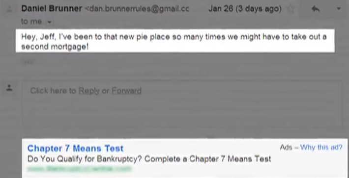 An email joking about financial difficulties results in an ad for Bankruptcy filing help - Scroogled not over says Microsoft