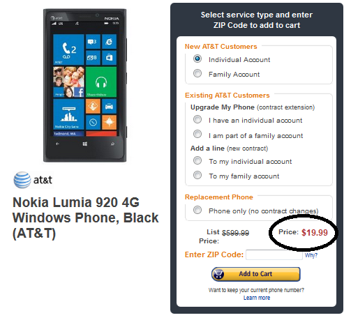 Amazon is offering the Nokia Lumia 920 for as low as $19.99 - $19.99 buys the Nokia Lumia 920 at Amazon for new AT&amp;T customers