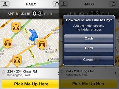 Screenshots for Hailo, an app used to hail a cab in cities like Boston and Chicago - Judge freezes New York City's eHail app for Yellow Cabs until March 18th